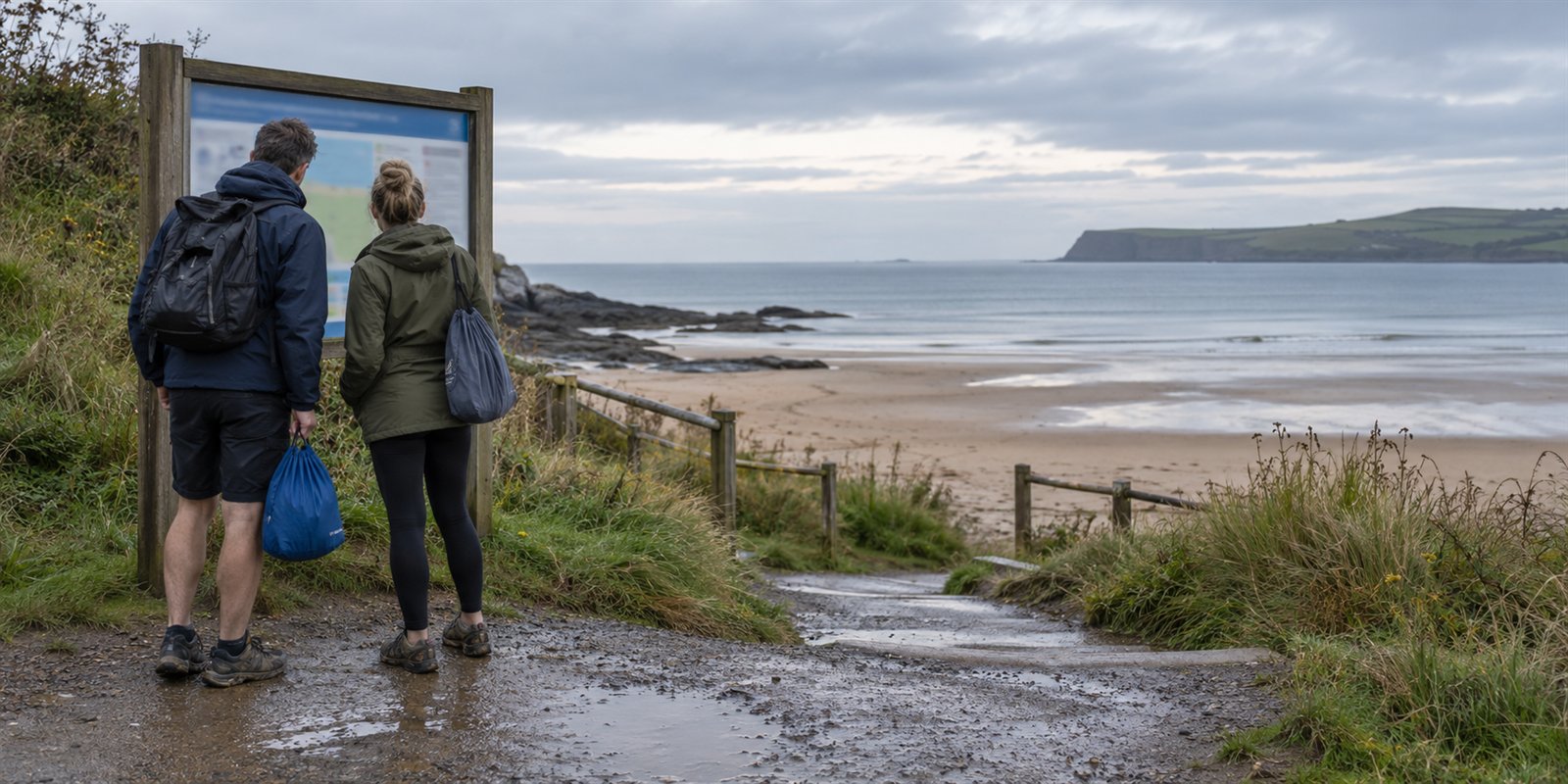 Two people reading an information board before approaching a quiet beach